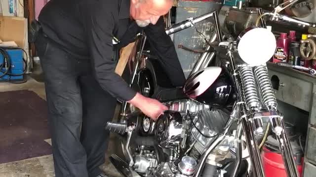 Hand Starting a '57 Harley Panhead Motorcycle