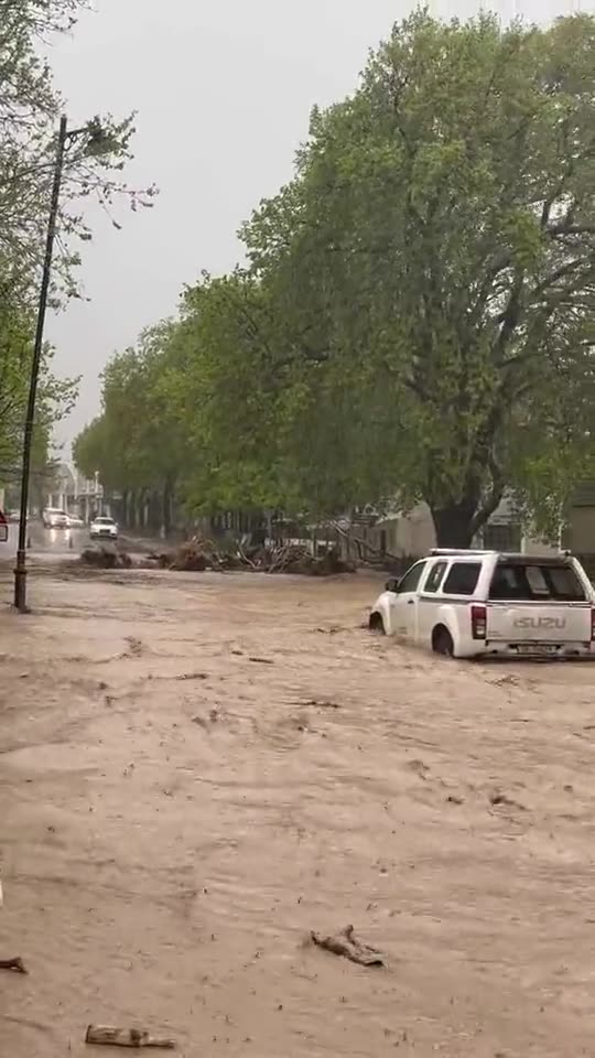 Heavy floods due to extreme rains at Main Road in Franschhoek of South Africa