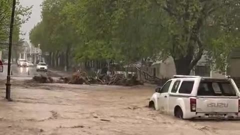 Heavy floods due to extreme rains at Main Road in Franschhoek of South Africa