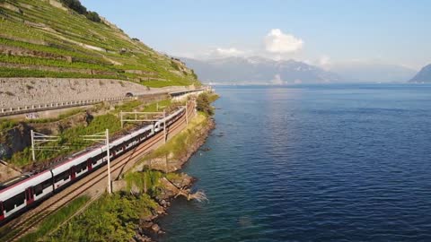 Beautiful train scene beyond water