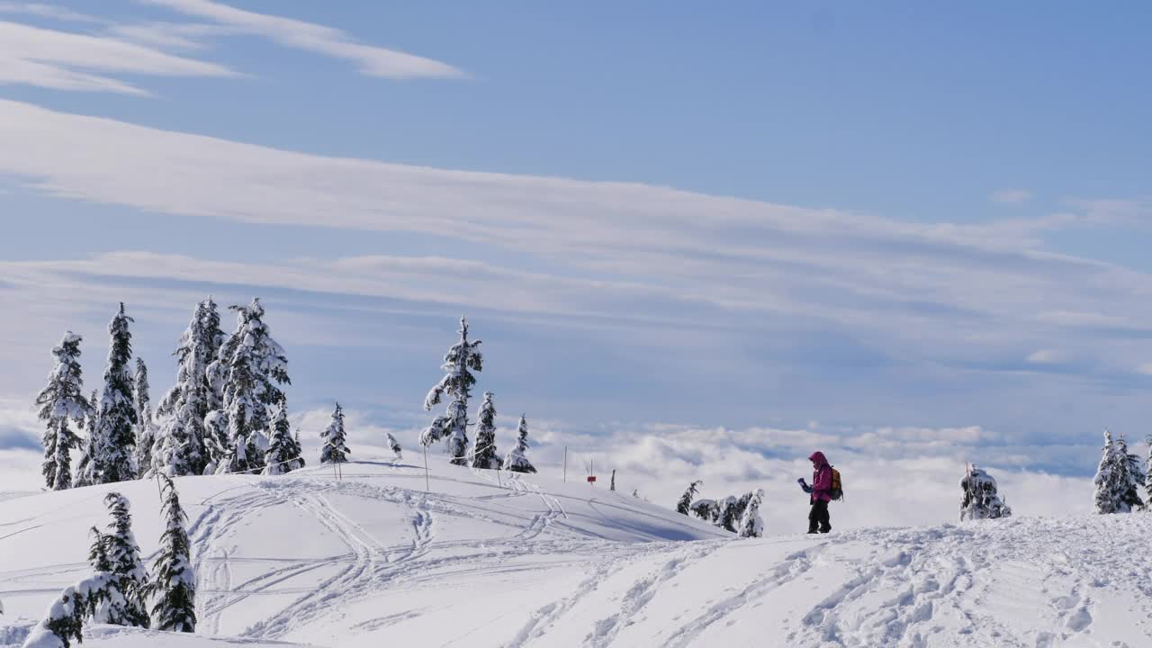 Tourist on top of a snowy mountain