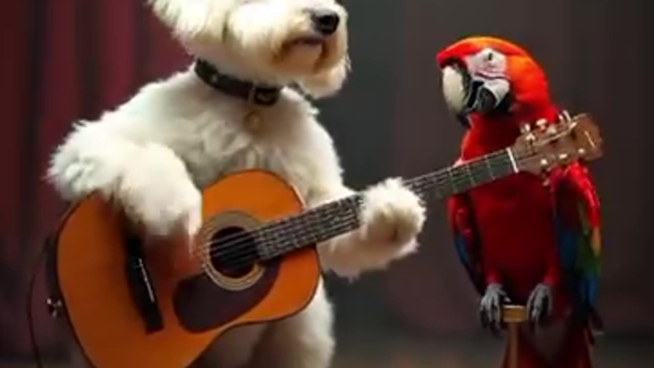 Maltese Dog singing, playing acoustic guitar with his friend parrot