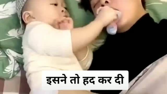Cute baby fun with a guy look like funny and comedy