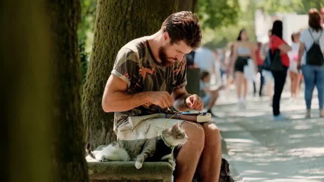 Young pilgrim with cat in Santiago de Compostela, Spanish town at the end of Camino de Santiago