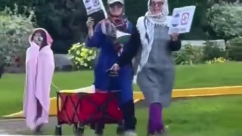 Muslim mothers walk their children through a Jewish neighborhood in Toronto carrying Swastikas. - Islam / Islamic Hate