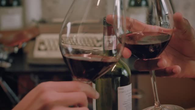 Couple clinking her wine glasses during a romantic dinner