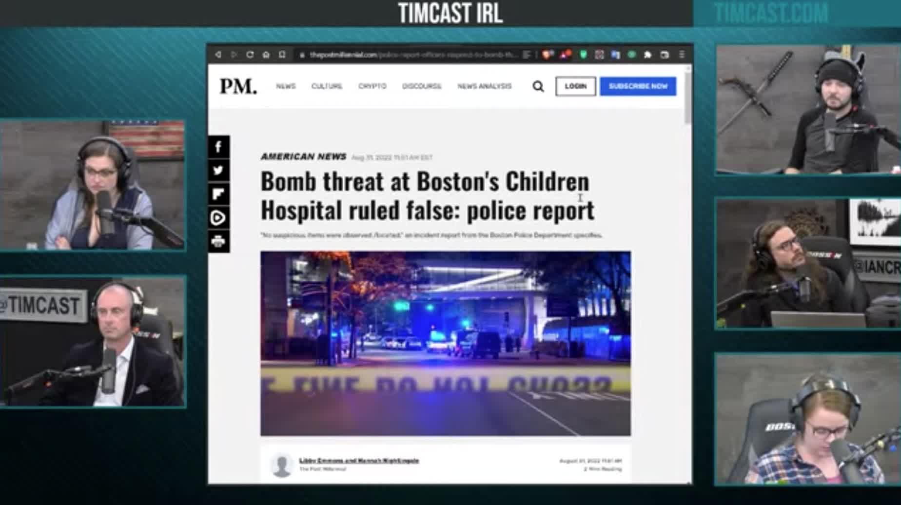 Tim Pool cites reporting from The Post Millennial about how the bomb threat at Boston Children's Hospital was ruled false