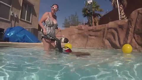 Crazy Lady Vacuuming the Pool with House Vacuum!