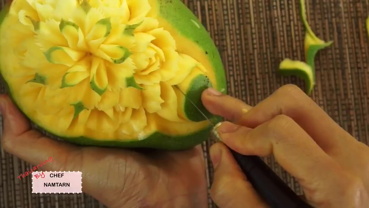 Simple design and rose flowers mango carving | fruit carving