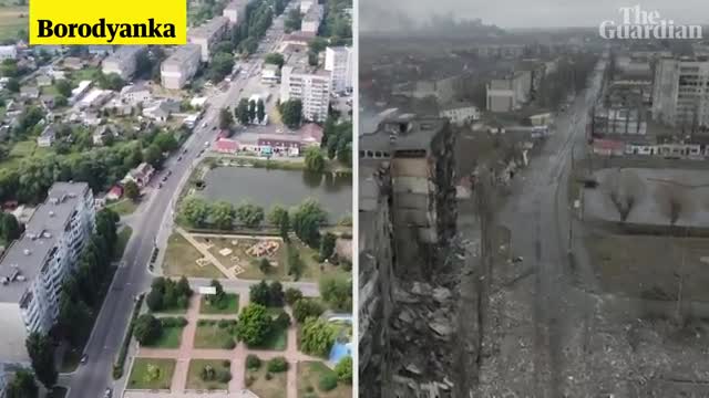 Ukarine drone footage before and after