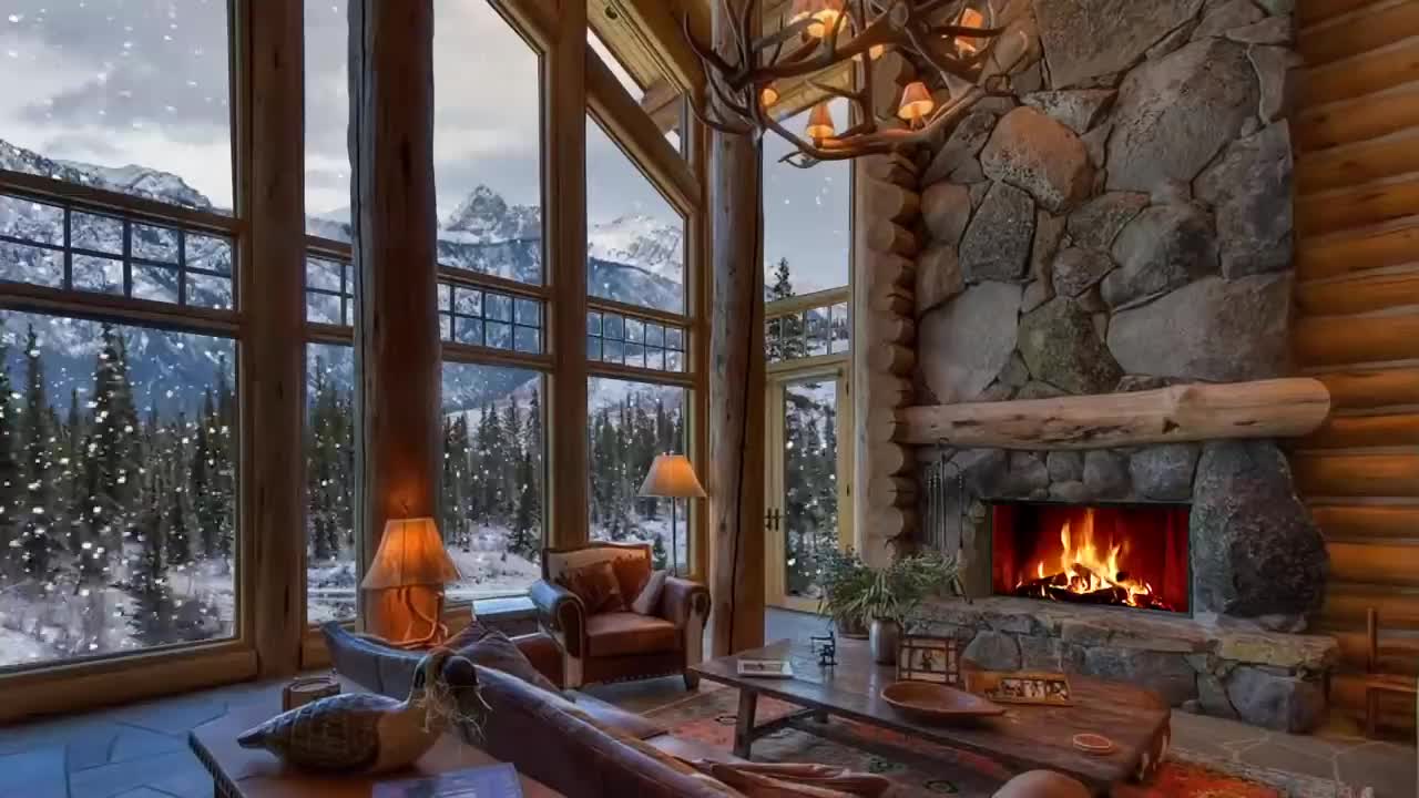 Cozy Ambience - Winter House - Crackling Fire & Snow Falling