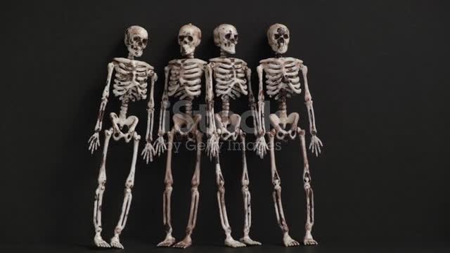 Skeletons on a black background swing together and fall