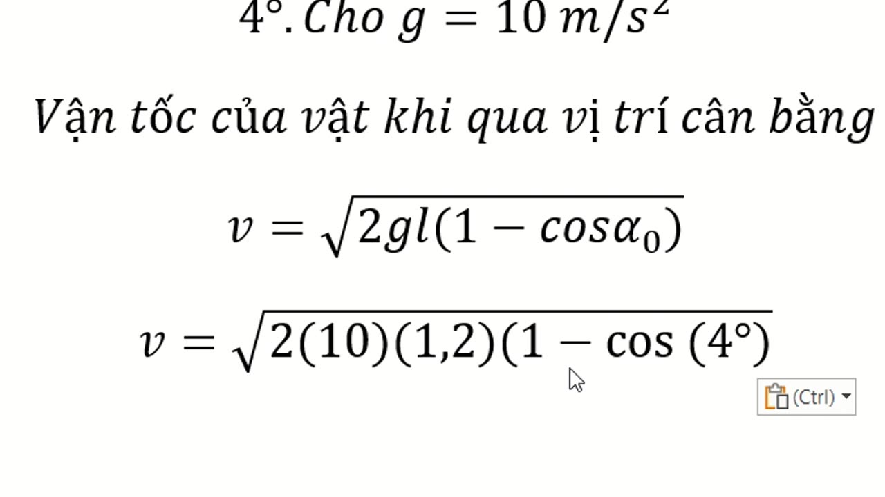 Một con lắc đơn có chiều dài 1,2 m dao động điều hòa với biên độ góc 4°.Cho g=10 m/s^2 Vận tốc