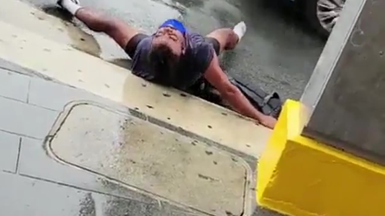 Zombie 5G man seen on the pavement, frequency atack