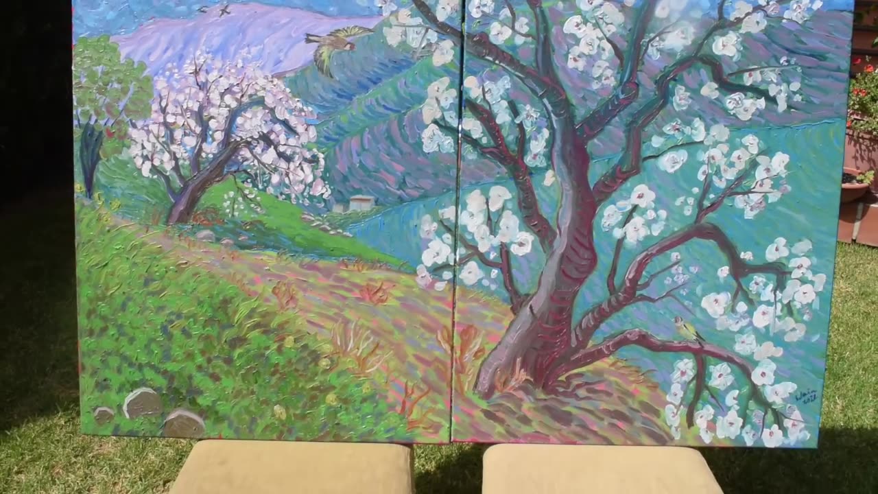 ALMOND BLOSSOM AND GOLDFINCHES IN THE ANDALUCIAN MOUNTAINS - Oil Painting by K Wain