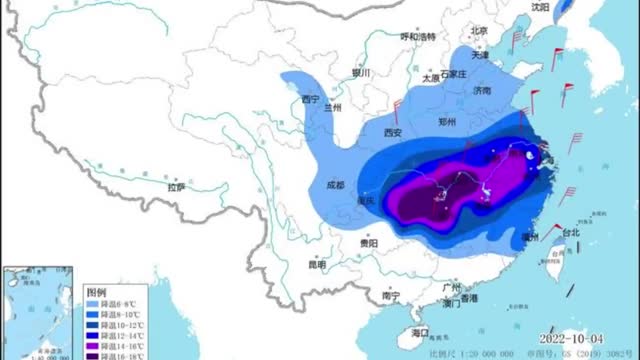 The temperature in the south drops to purple in the forecast map,