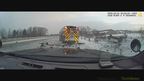 Dashcam video shows box truck crashing into first responder vehicles on the side of road