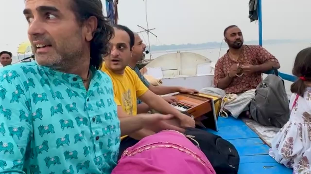 Boat kirtan on the Yamuna river in Sri Vrindavan, India October 2024