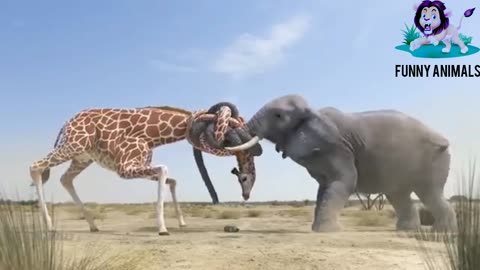 Elephant vs Giraffe Water Fight