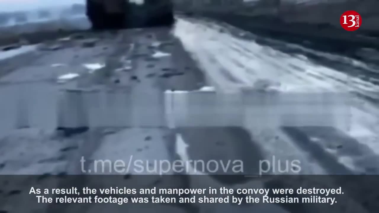 The image of convoy of Russian equipment destroyed by US missiles - vehicles burned, soldiers died