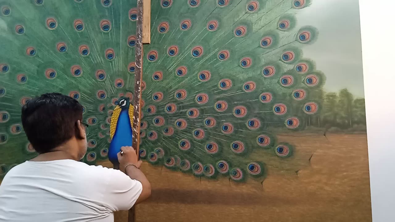 depicting the world's biggest oil painting of dancing peacock