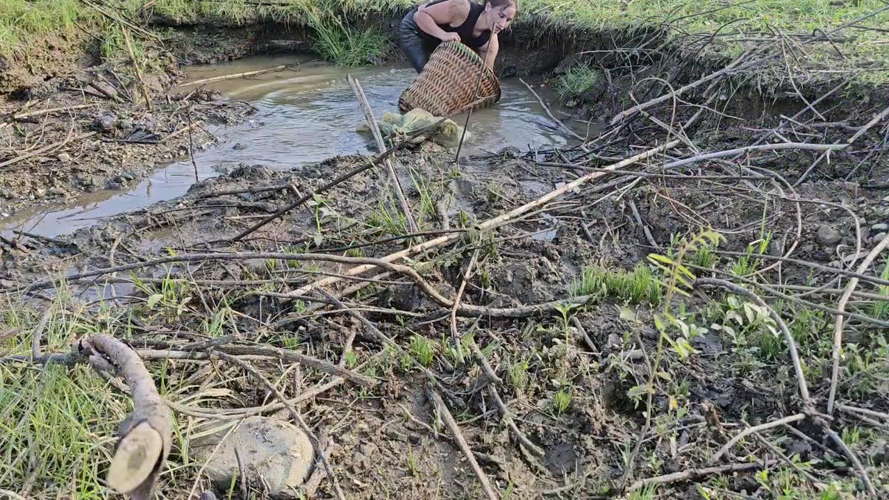 The beautiful girl catches fish every day to earn some money for her daily life