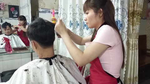 Haircut and shave with two professional, highly skilled girls