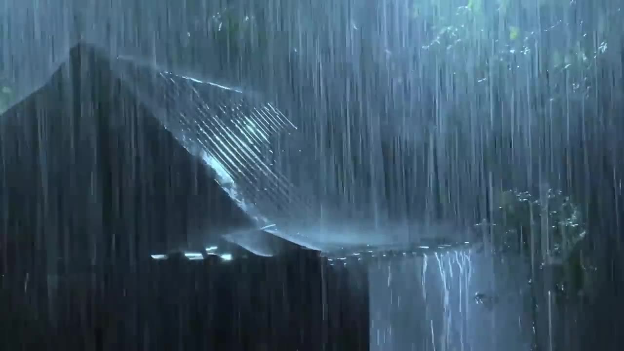 heavy rain and thunder sounds on an old tin roof in the dark forest