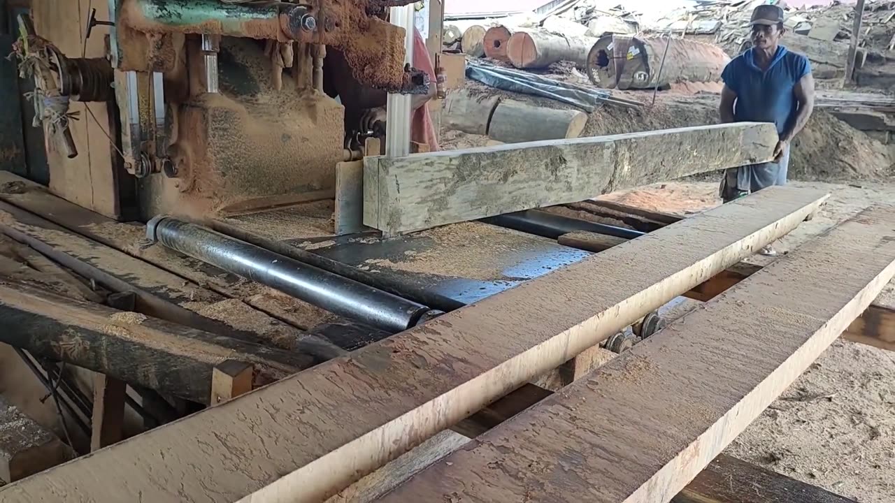 Indonesian Hard Wood Is Sawn With A Chainsaw, Band Saw