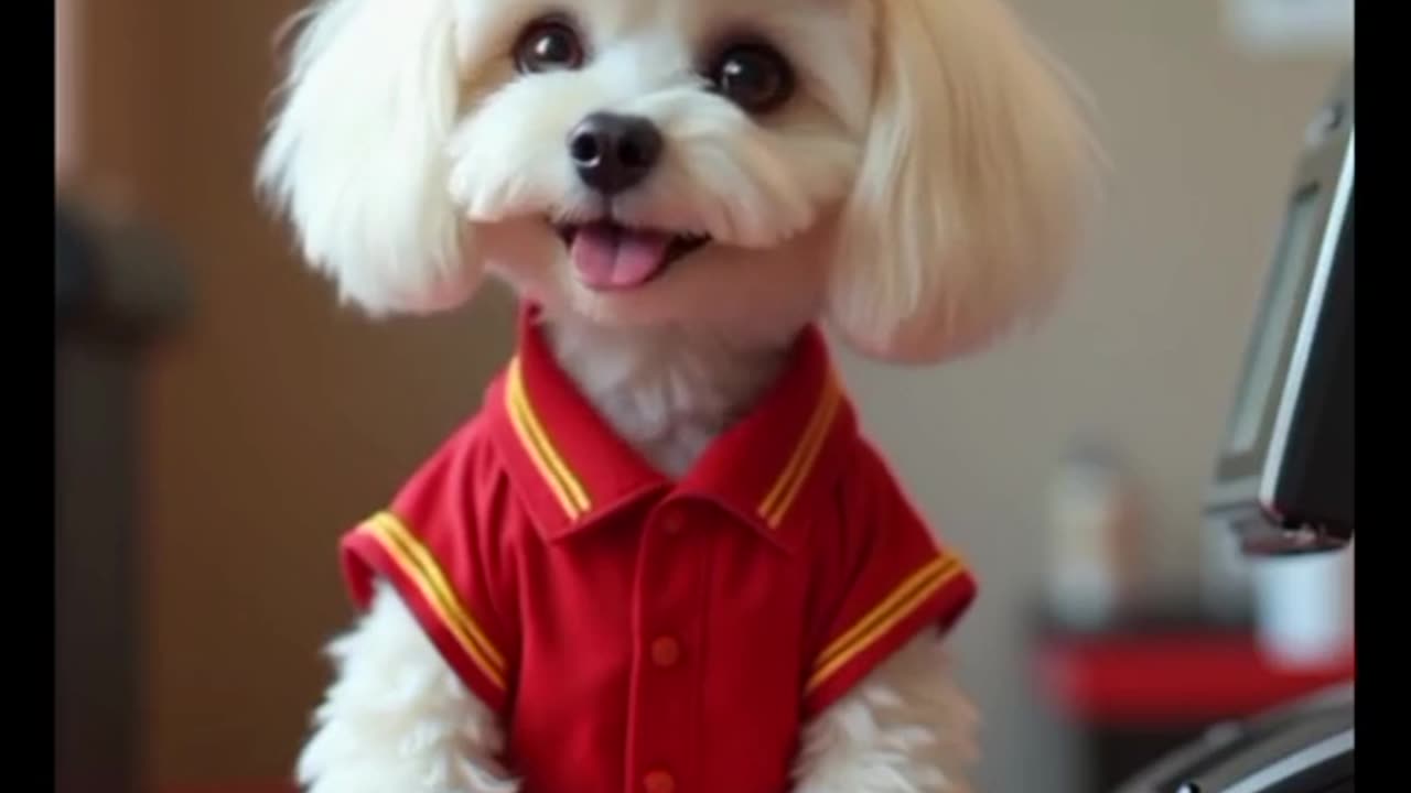 Maltese dog wearing mcdonald uniform