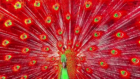 Red peacock dancing and showing its beautiful feathers