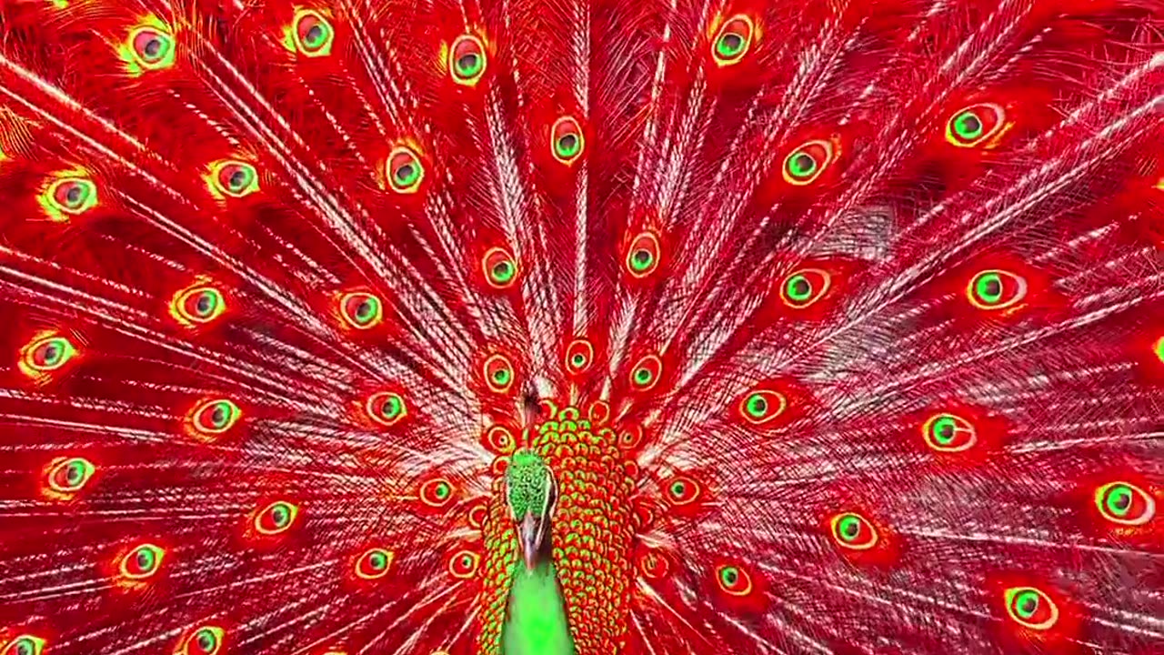 Red peacock dancing and showing its beautiful feathers