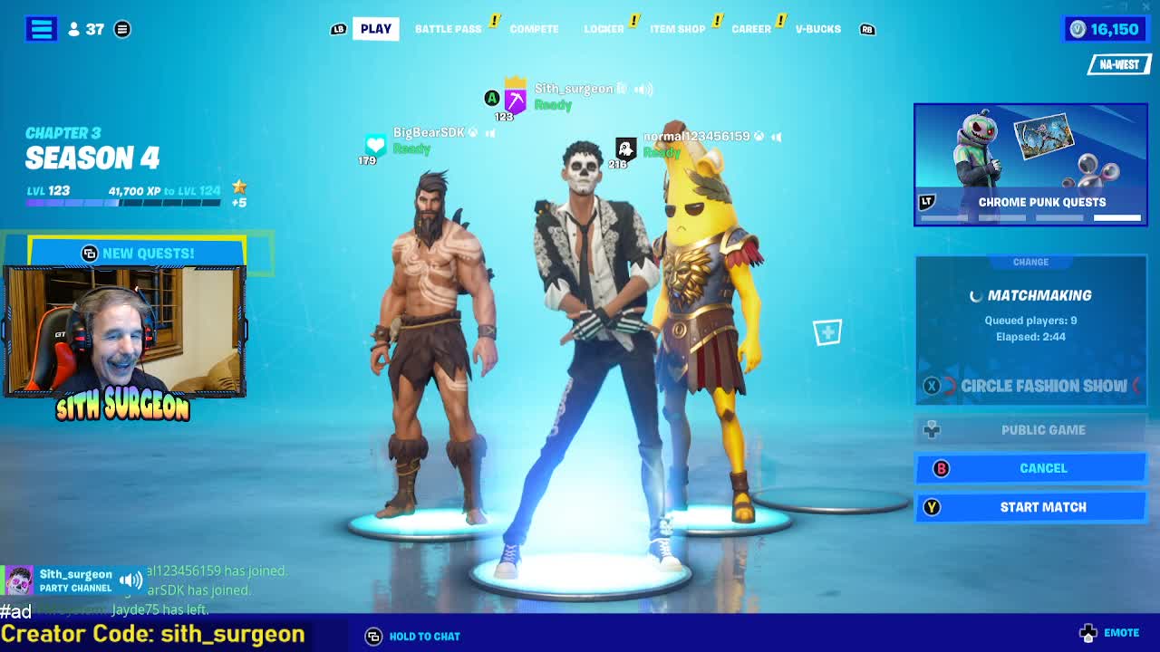 sith_surgeon - Fortnite Live Stream. Customs Battleroyale, Hideandseek, Fashion Shows.