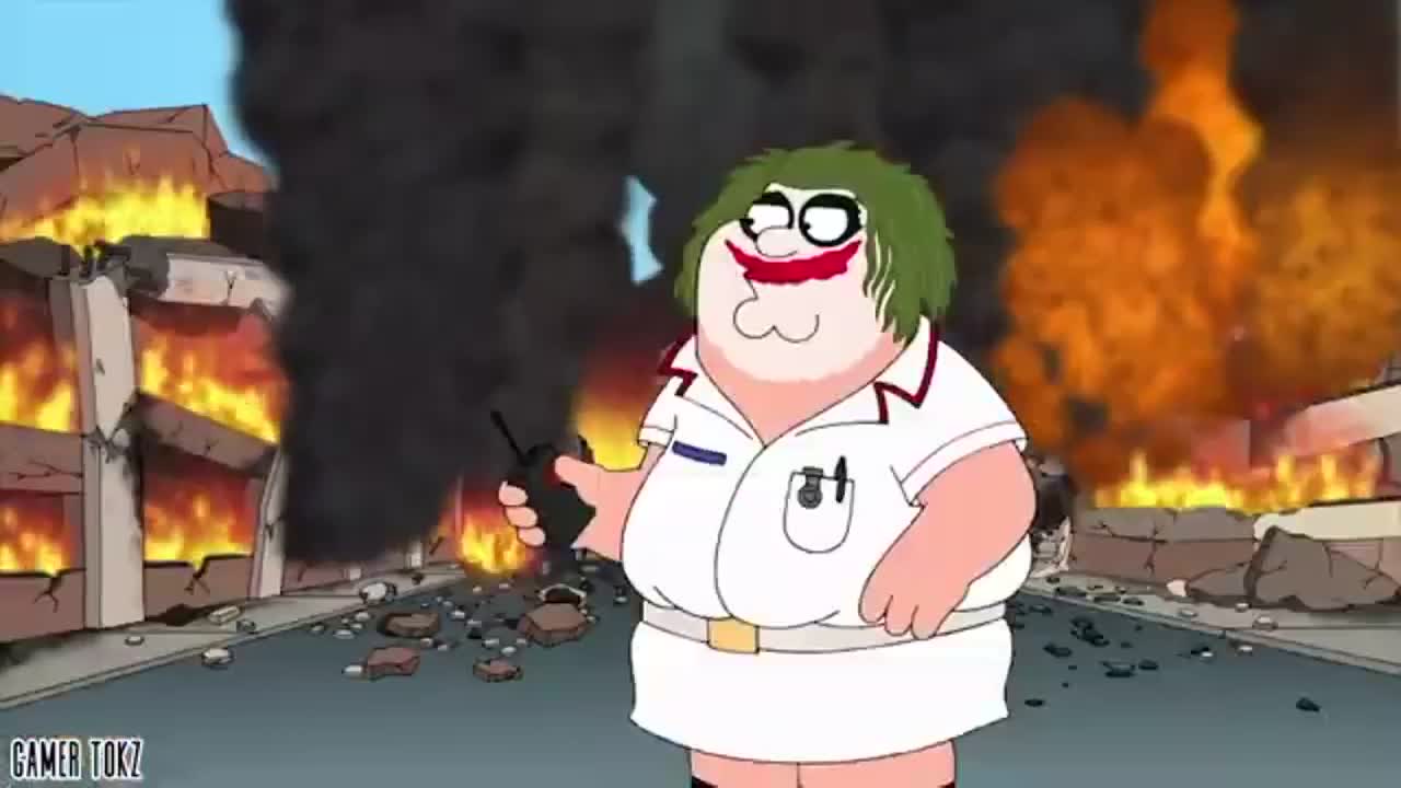 Family Guy season 15 : blowing up labs with vaccines as a Joker