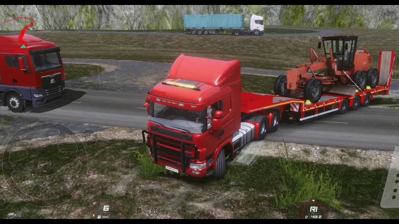 Red d Scania G460 Abused in dirt Road pulling Tri Axle with grader