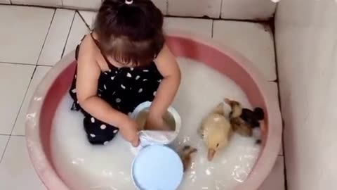Baby and ducks playing in water bowl