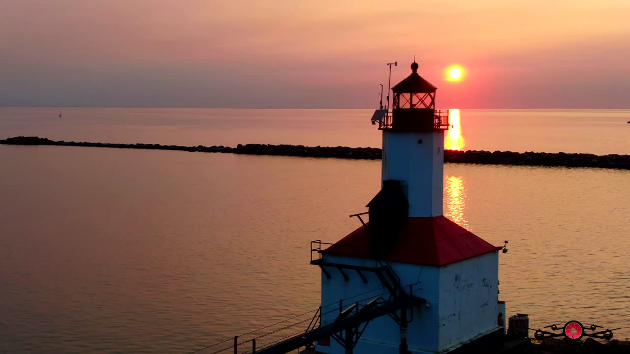 Stunning Sunset Flight Around Michigan City Lighthouse 4K Drone Footage