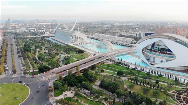 drone footage of modern city of arts and sciences in valencia