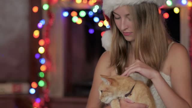 A smiling young attractive woman wearing a Santa hat petting an orange