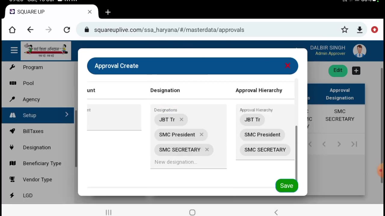 SQUARE UP HARYANA.SET APPROVAL AT ADMIN ID.HIERACHY SET KRE.Admin ID 2