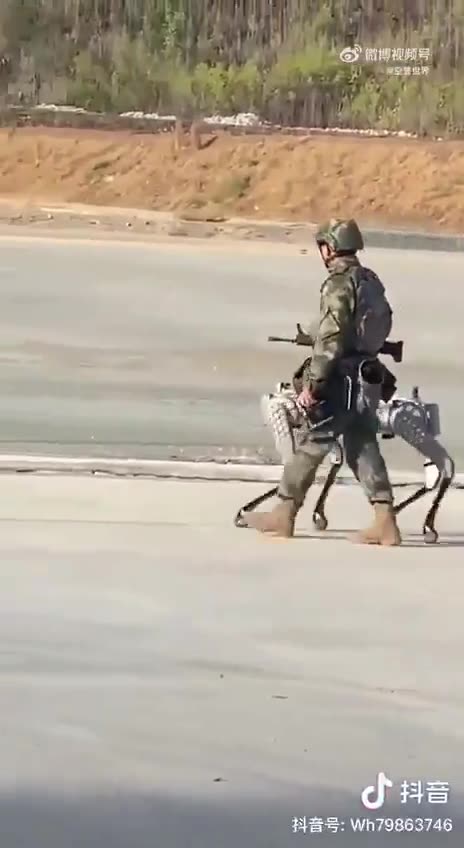 A Chinese soldier can be seen walking his robot dog completely armed with a machine gun.