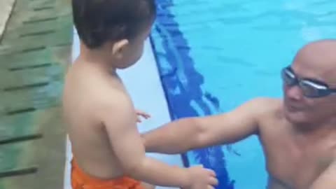 Abang Jago is taking a swimming lesson