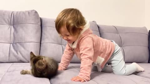 Cute Baby Meets New Baby Kitten for the First Time!