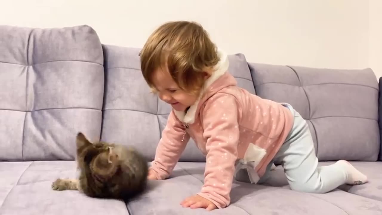 Cute Baby Meets New Baby Kitten for the First Time!