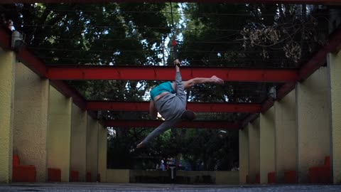 Man Spins Fast on Aerial Strap While Practising