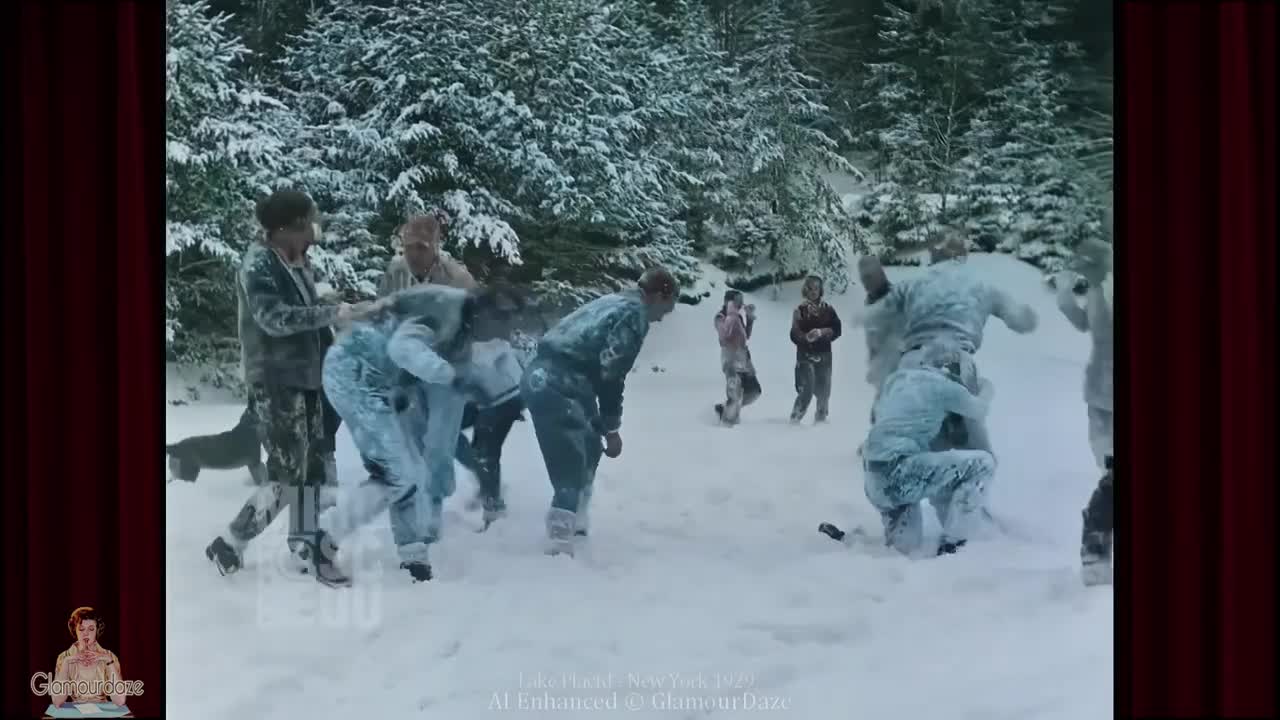 A Fun Snowball Fight from 1929 in AI Colorized 60fps Film