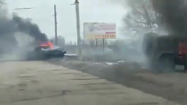 At the entrance to Sumy, military equipment is burning.