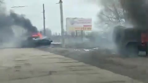 At the entrance to Sumy, military equipment is burning.
