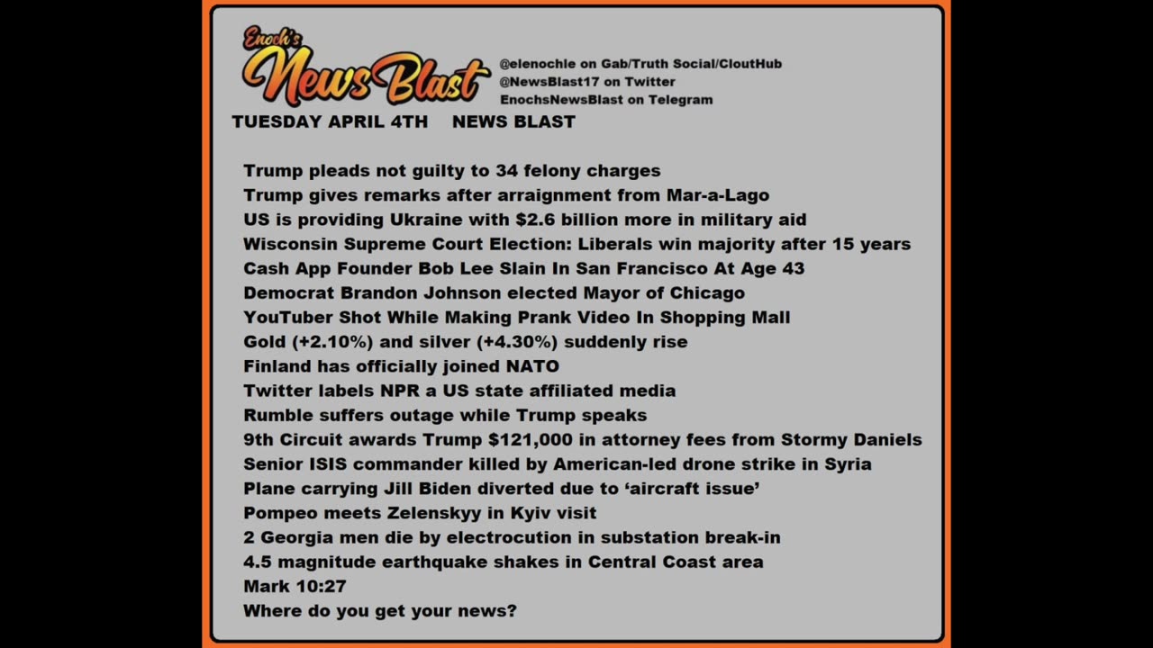 Tuesday, April 4, 2023 News Blast. #Enoch #NewsBlastReading #NBR