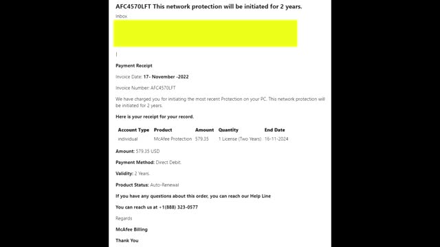 Five Outgoing Calls To Alleged McAfee: (888) 323-0577, 11/18/22